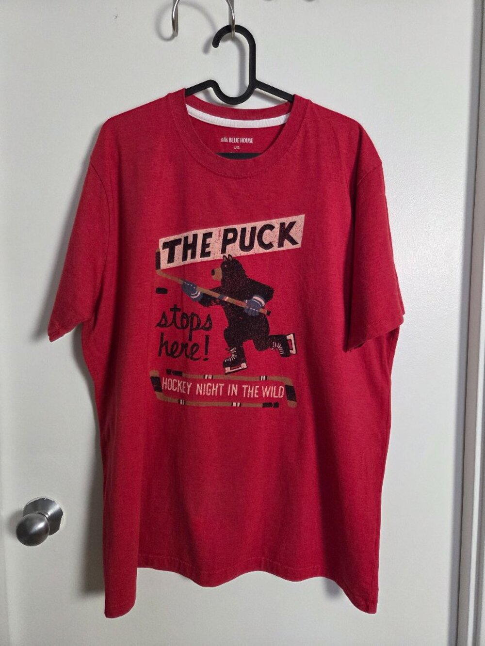 Little Blue House Hockey T-Shirt The Puck Stops Here Red L/G